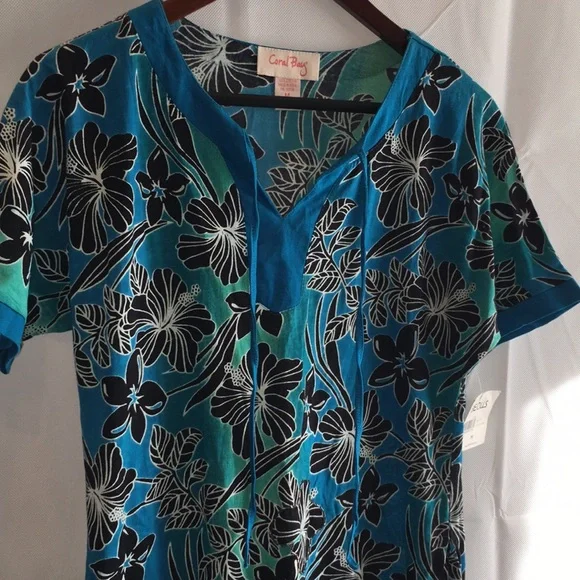 Coral Bay Blue Floral Cotton Tunic Top Swim Cover Up Dress | Size M (NWT) - Picture 8 of 12